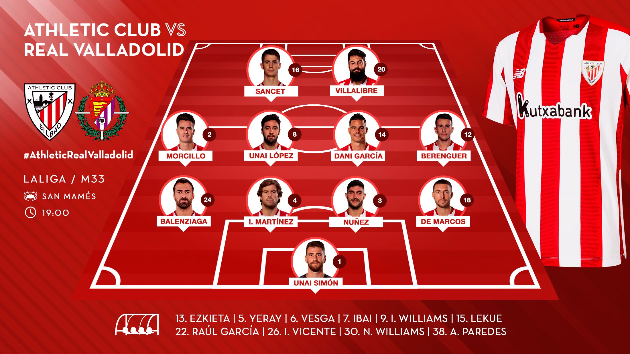 Este es el once que sacaba Marcelino ante el Valladolid en San Mamés.