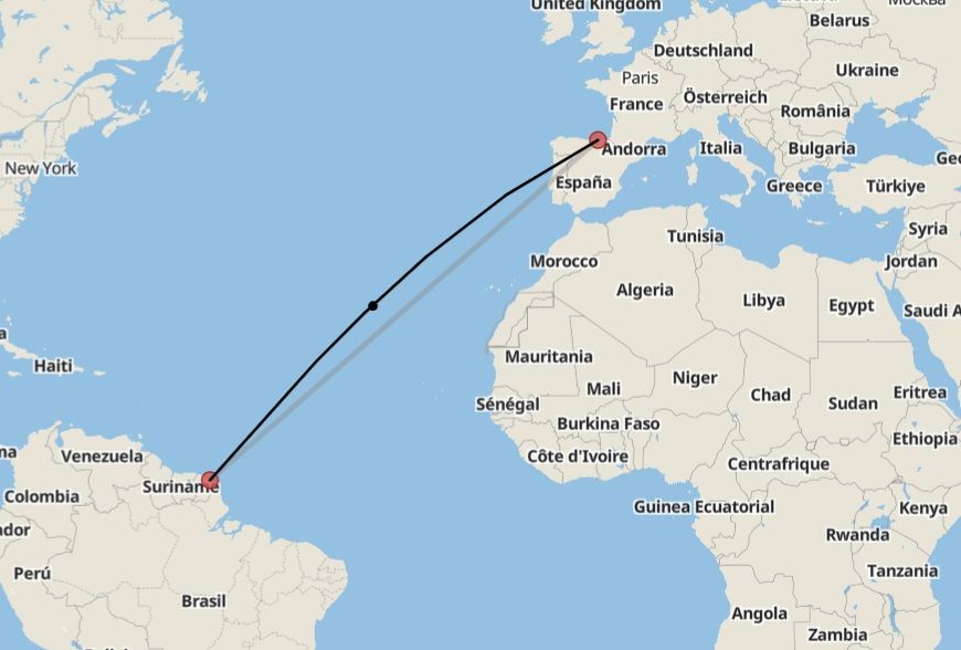 La distancia entre Bilbao y la Guayana Francesa. (es.distance)