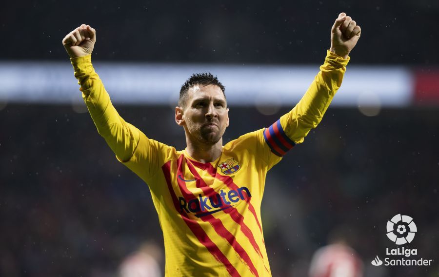  Leo Messi celebra su gol en el Atlético-Barcelona.