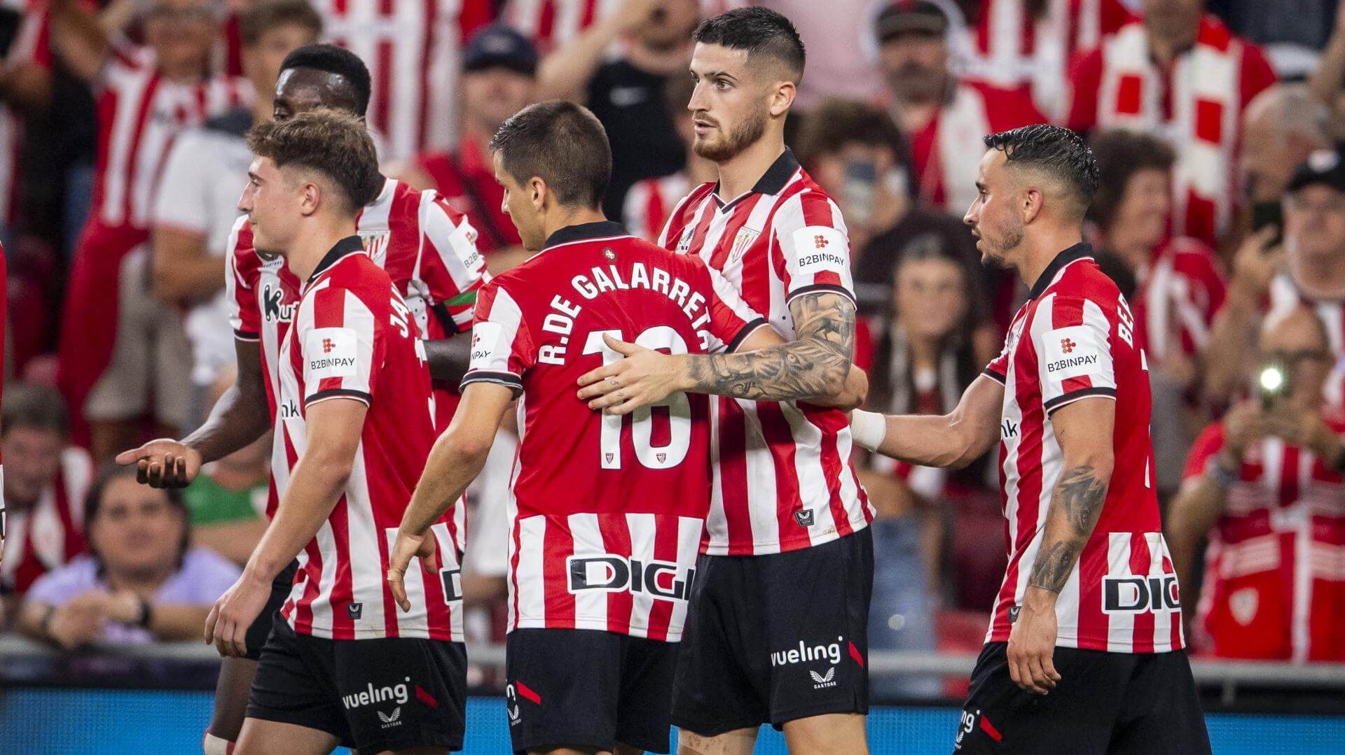  Se celebra el gol de Oihan Sancet ante el Rayo en San Mamés.