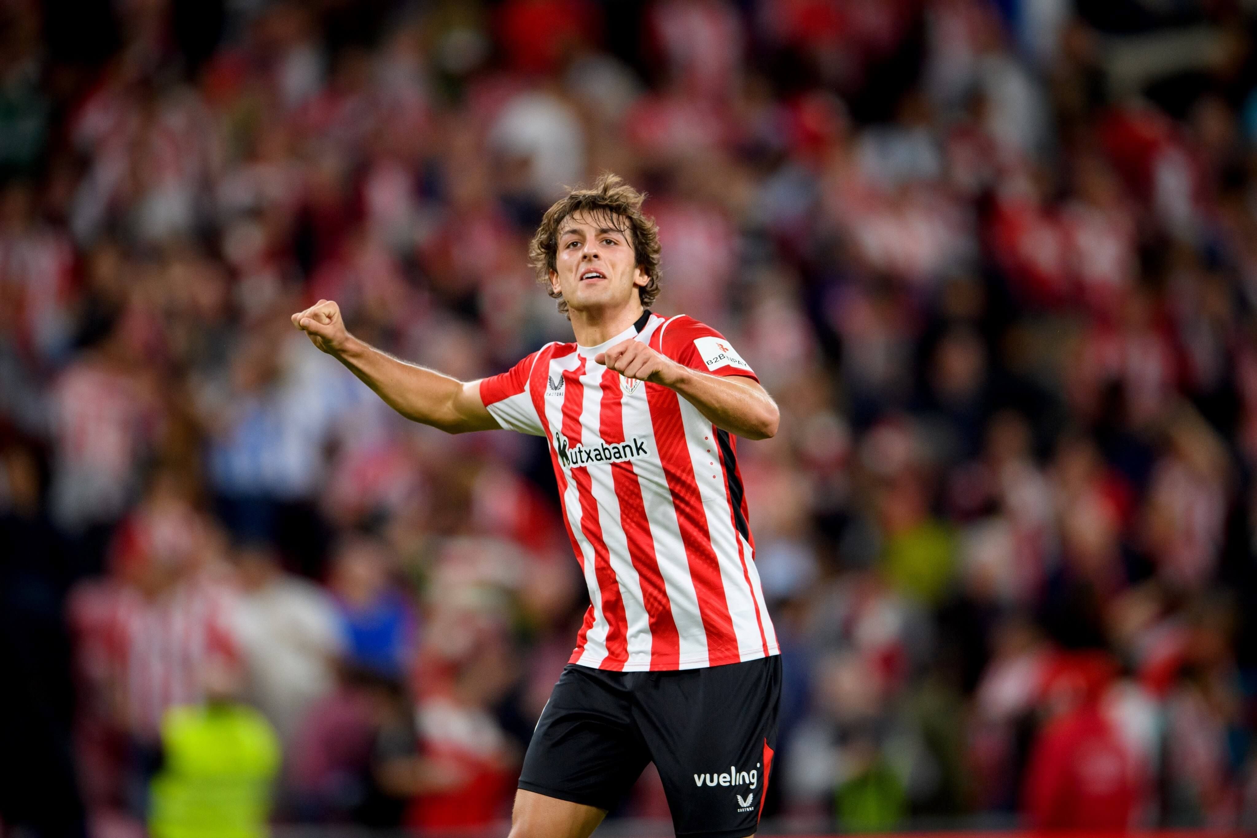  Gesto del bermeano Unai Gómez en el derbi ante la Real Sociedad disputado en San Mamés.