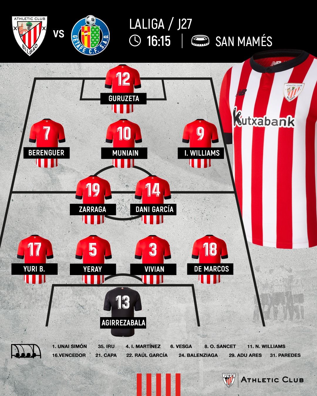  El once de Valverde ante el Getafe CF en San Mamés.