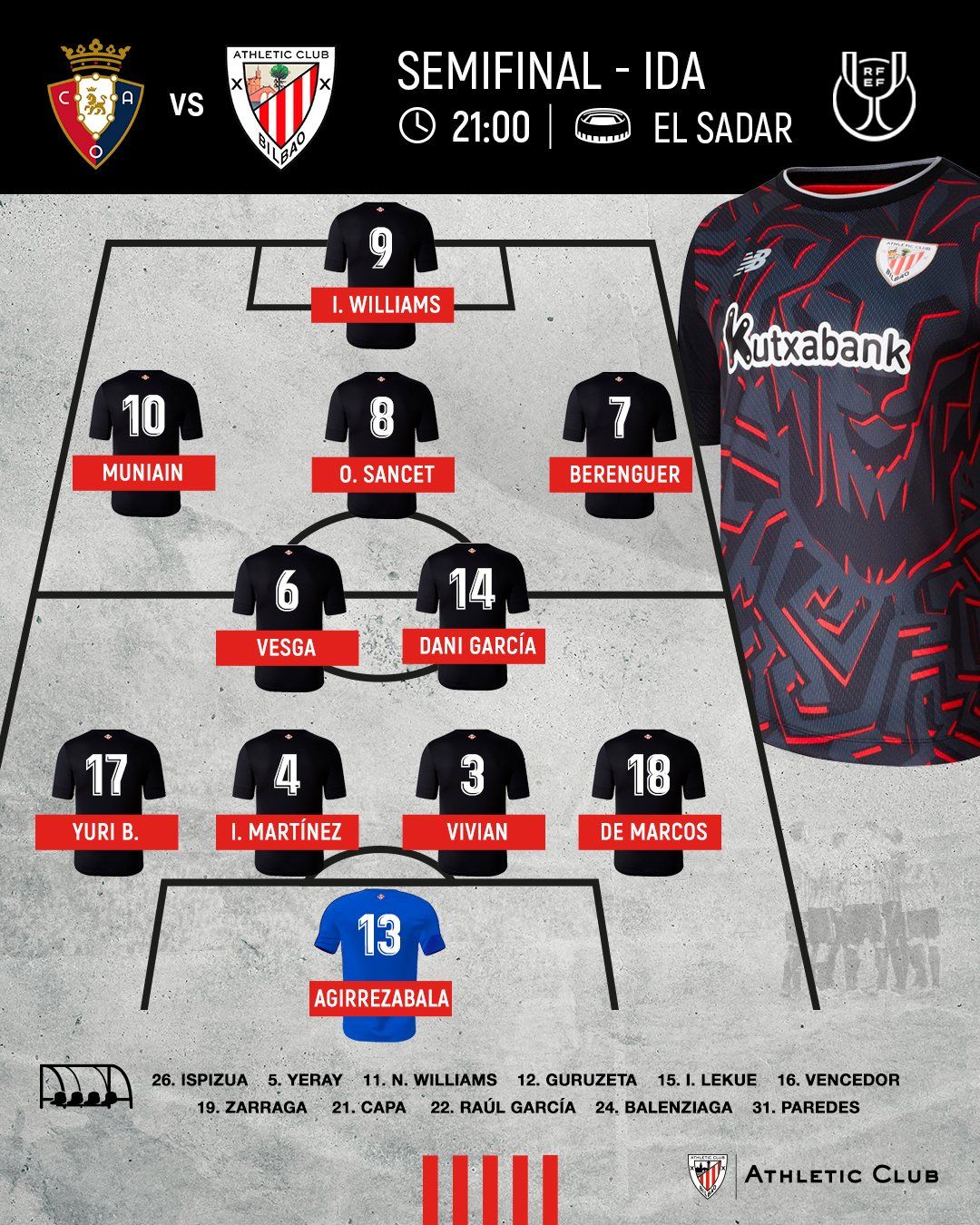 El once que sacaba Valverde en El Sadar, ante Osasuna, en Copa.