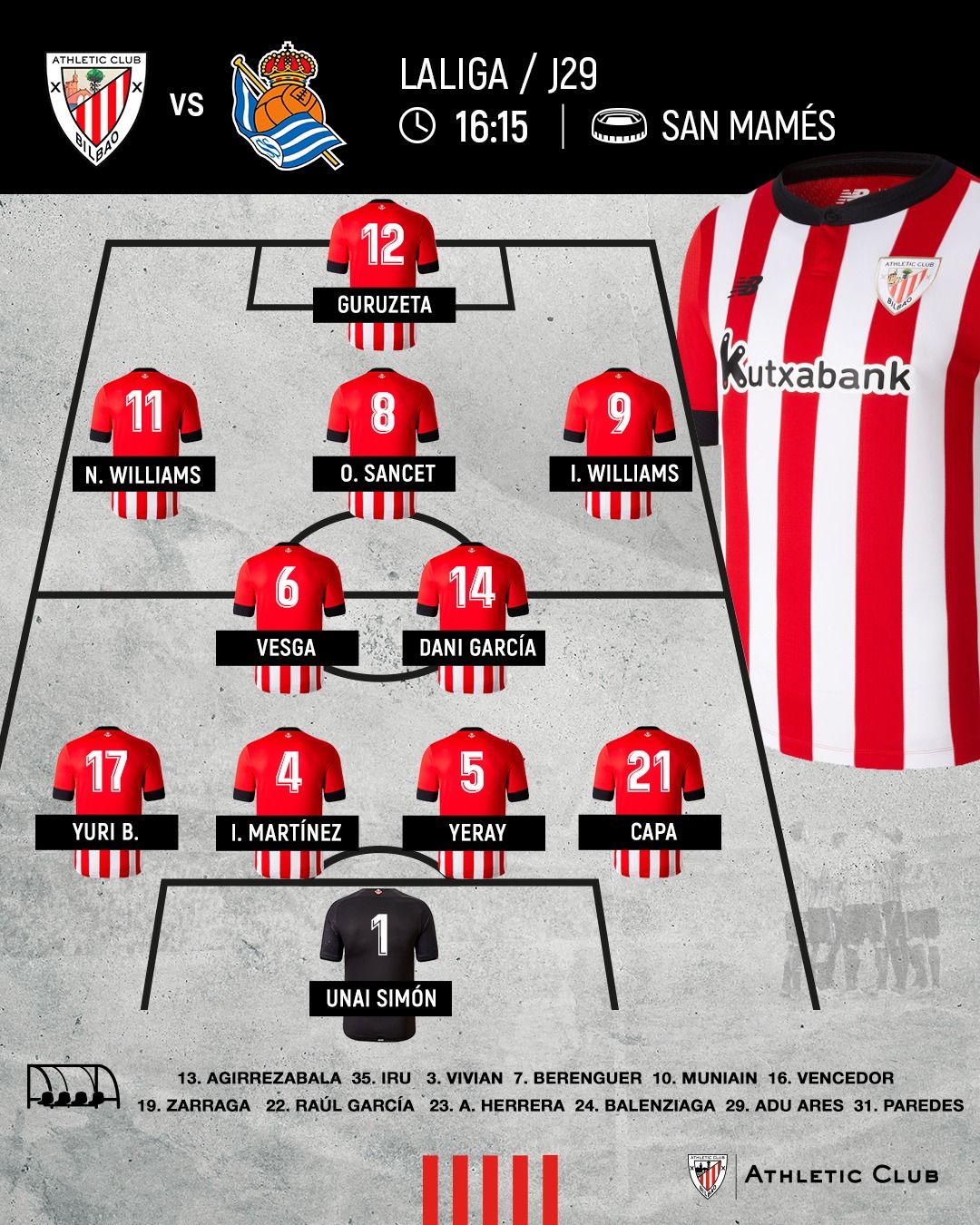 Este es el once que saca Valverde en el derbi vasco ante la Real Sociedad.