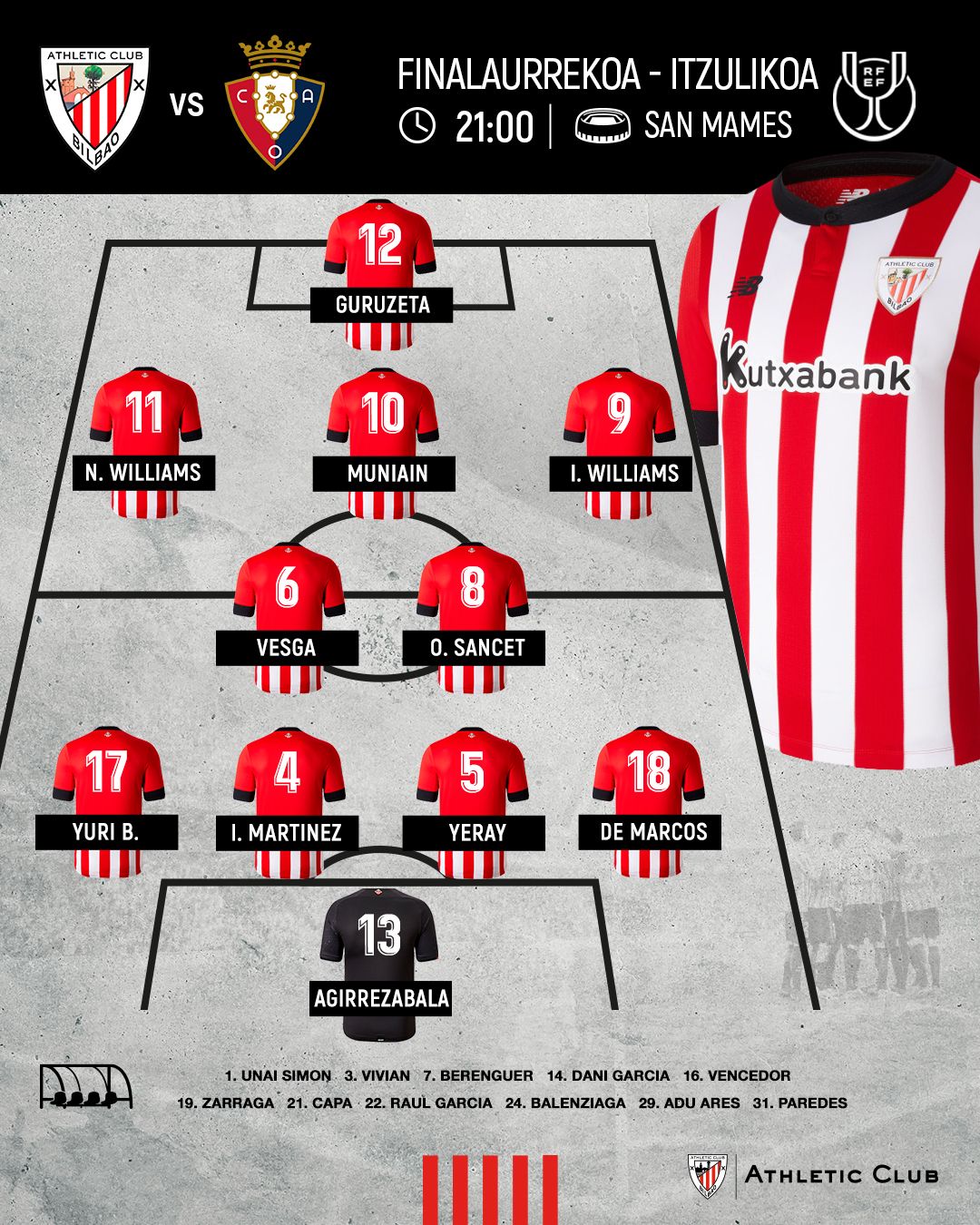 El once que sacaba Valverde en San Mamés en la semifinal ante Osasuna.