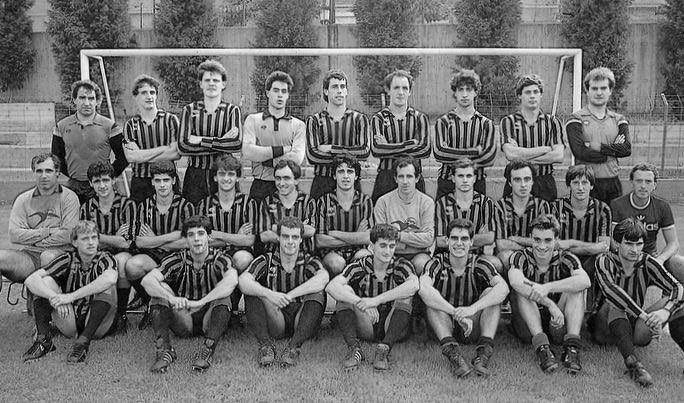 Jon Aspiazu, Ernesto Valverde y José Luis Mendilibar, en el Sestao Sport de Jabo Irureta en la temporada 1985-86.