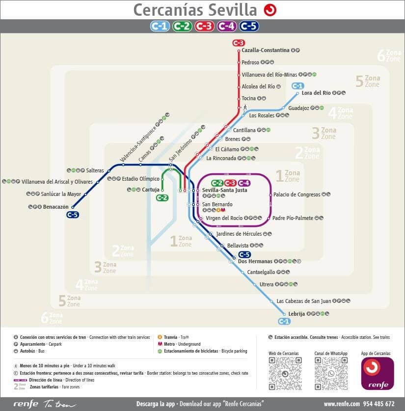 Mapa del servicio de Cercanías de Renfe en Sevilla.