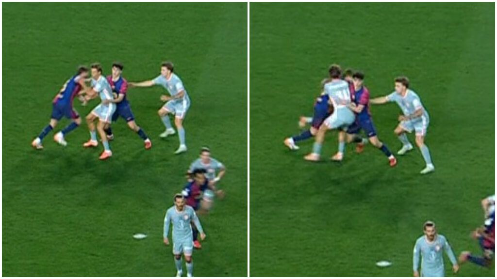  El bloqueo de Pau Cubarsí a Marcos Llorente (Captura de Movistar+)