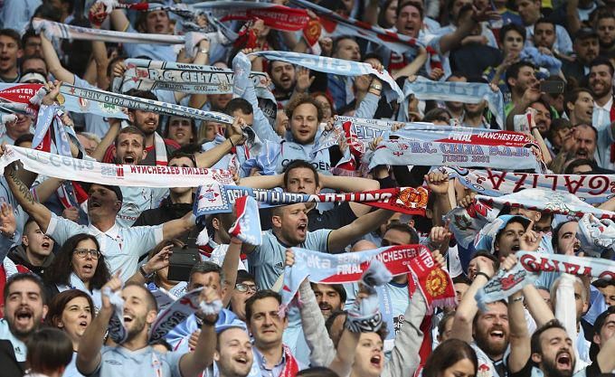 Afición del Celta durante el partido ante el Manchester United.