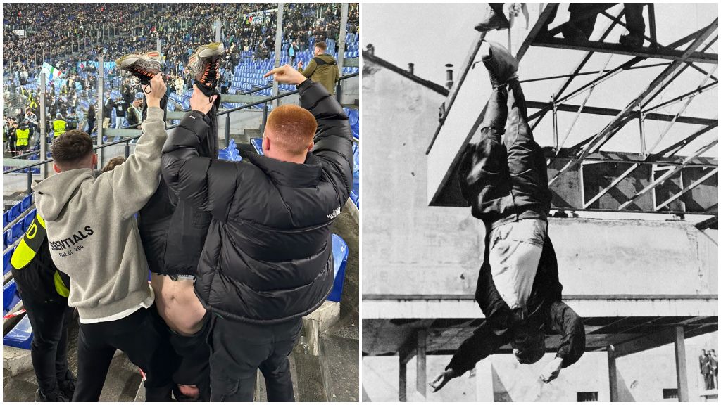  Aficionados del Celtic recrean la muerte de Mussolini en forma de burla. (Fuente: @FonsiLoaiza)