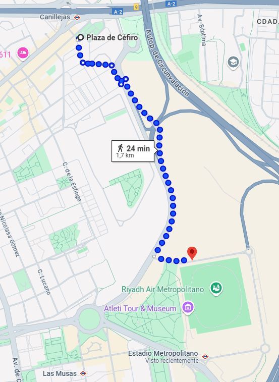  El recorrido de los aficionados del Real Madrid hasta el Metropolitano (Fuente: Google Maps)