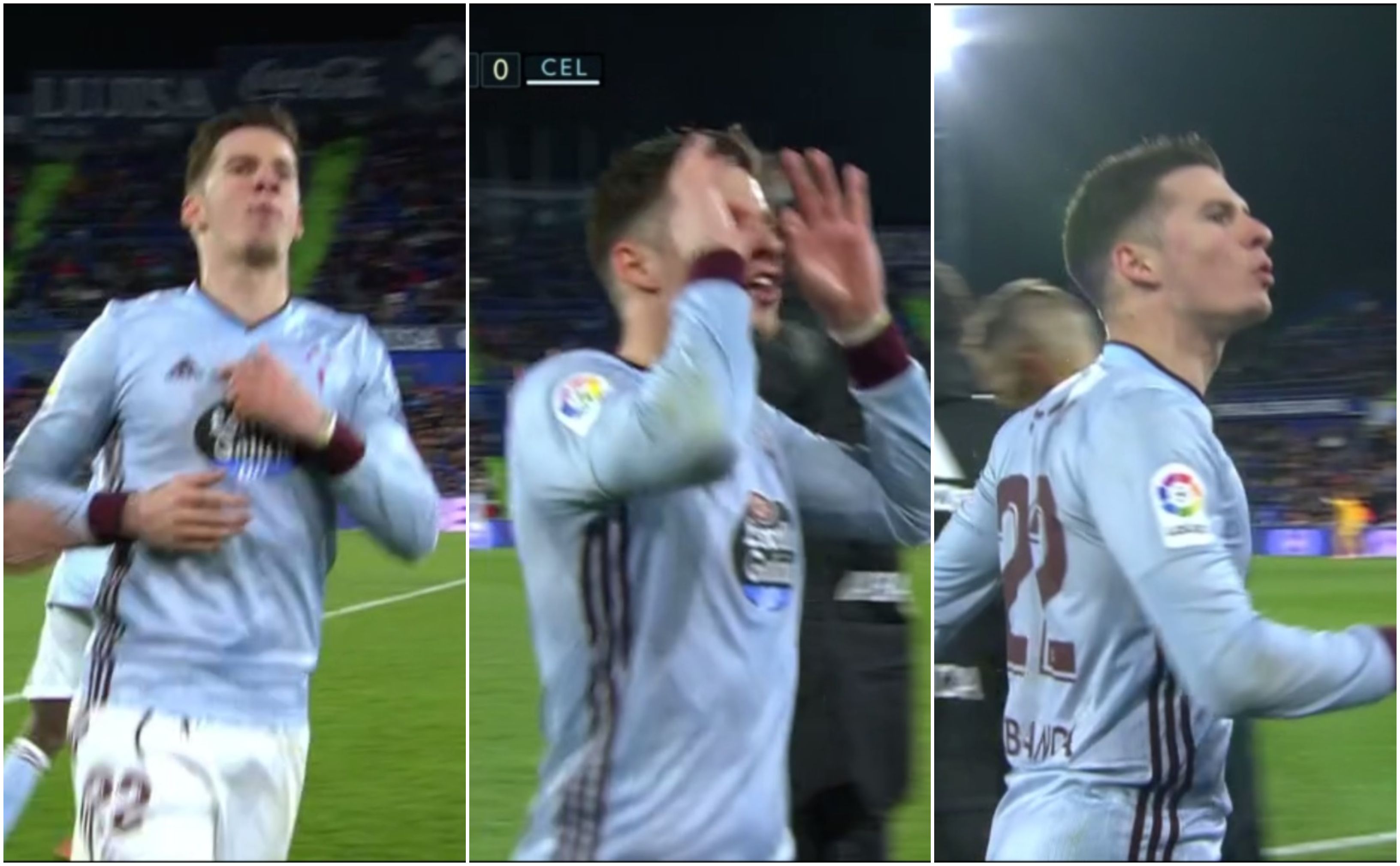  Santi Mina se encara con una de las gradas del Coliseum.