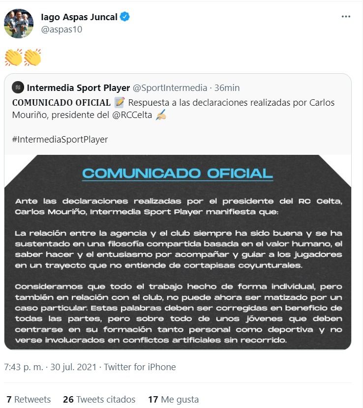  Captura de los tuits de Iago Aspas y Denis Suárez como respuesta al comunicado de Intermedia.