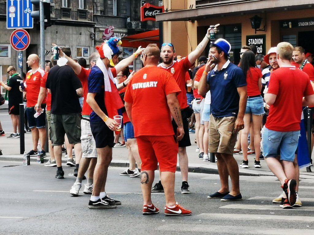 Aficionados de Francia y Hungría, en Budapest.