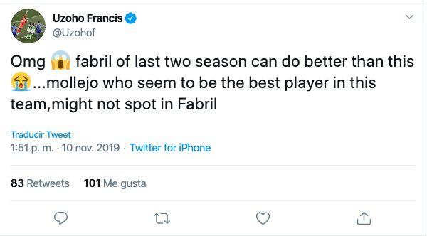  Captura del tuit borrado por Francis Uzoho.