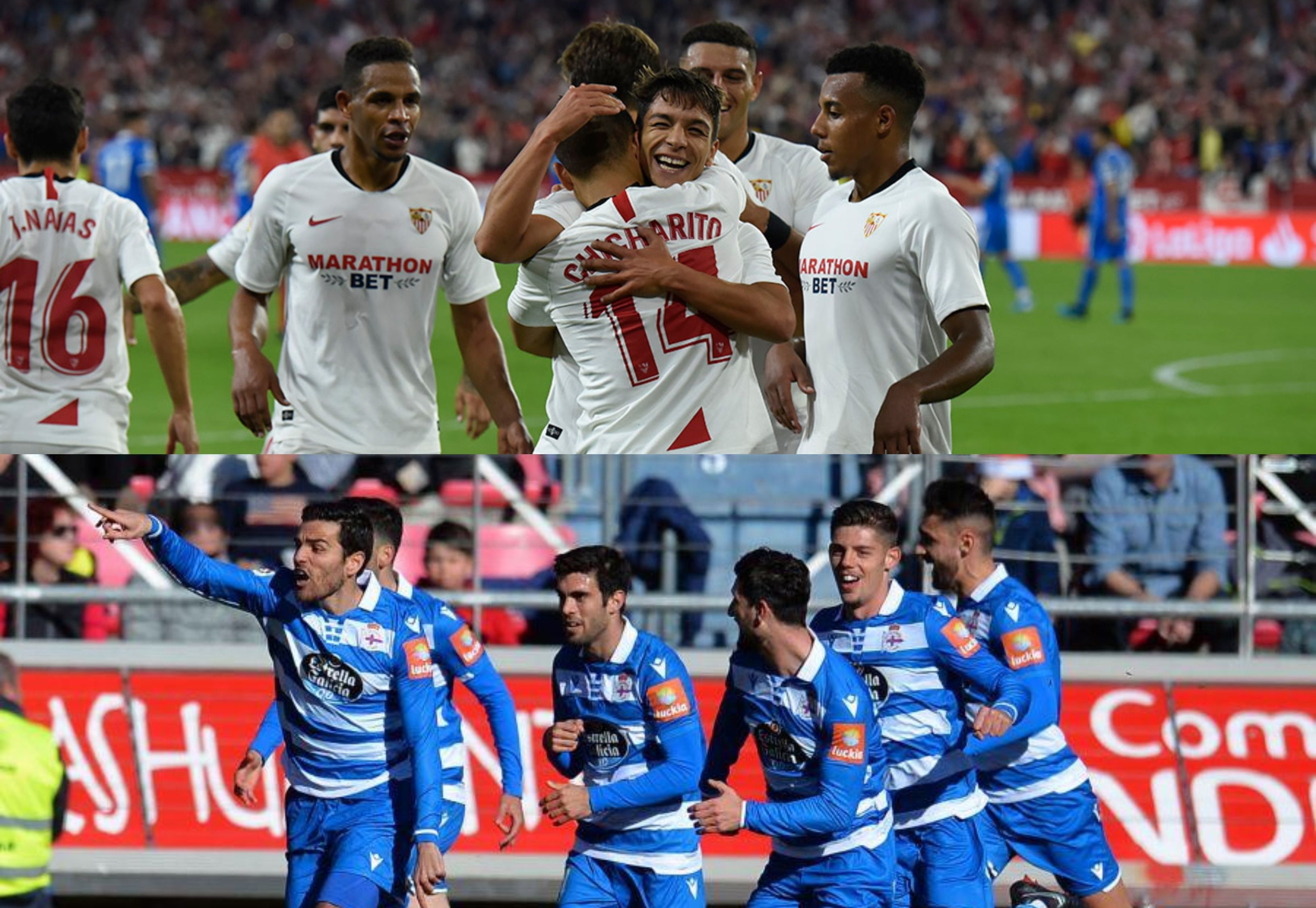  Los jugadores del Dépor y el Sevilla celebran goles en sus partidos.