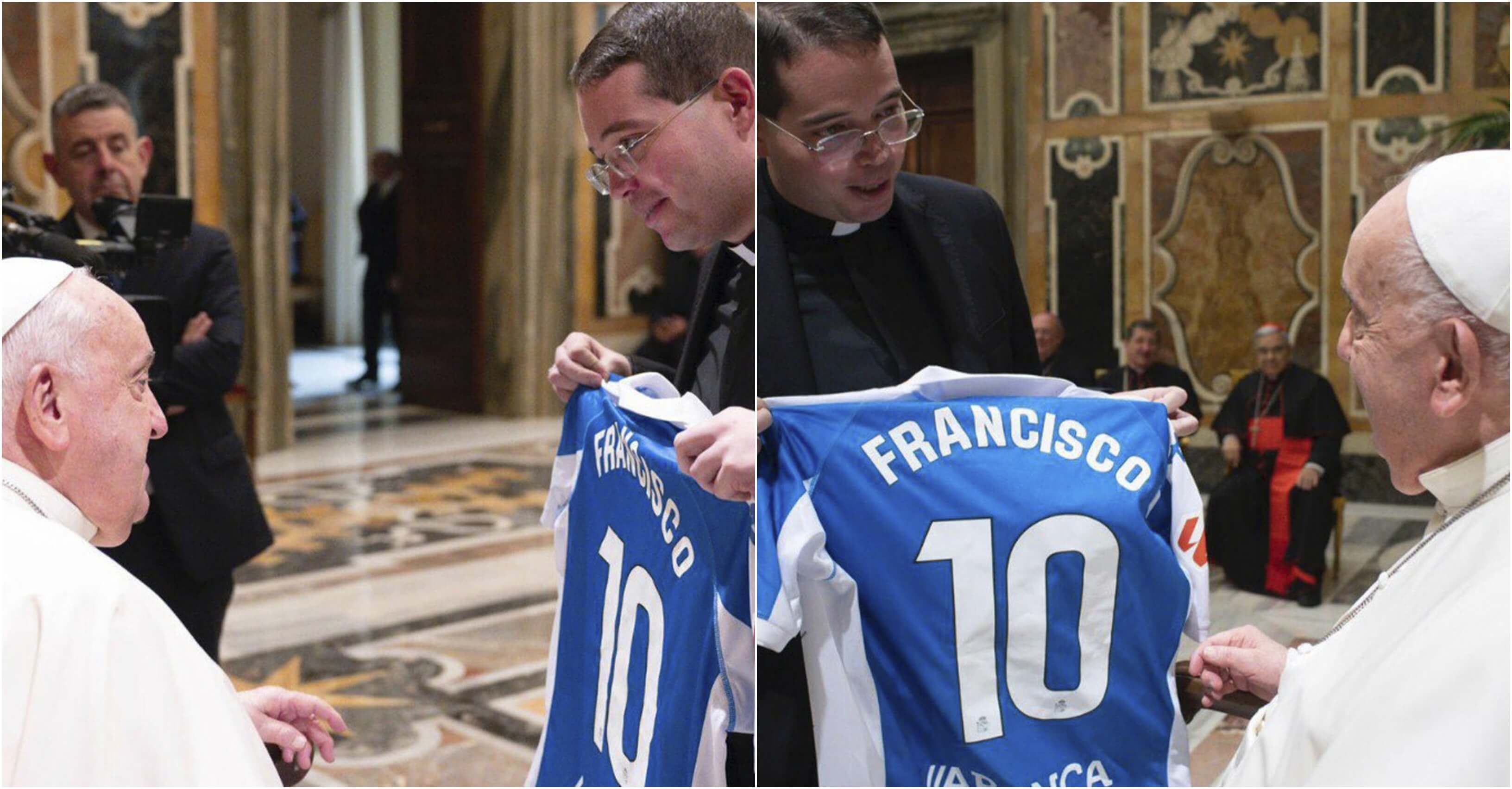 El Papa Francisco recibe la camiseta del Deportivo en el Vaticano.