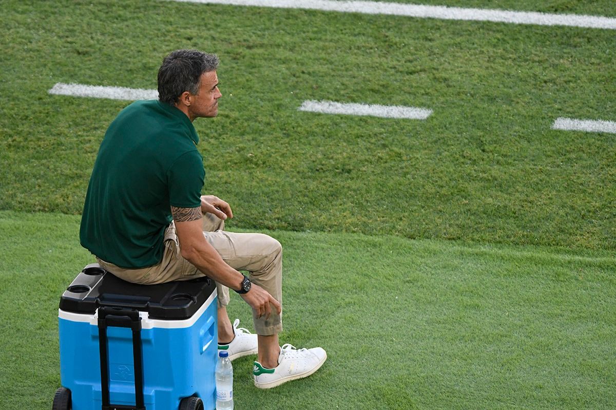  Luis Enrique sentado sobre la nevera en el España-Polonia.