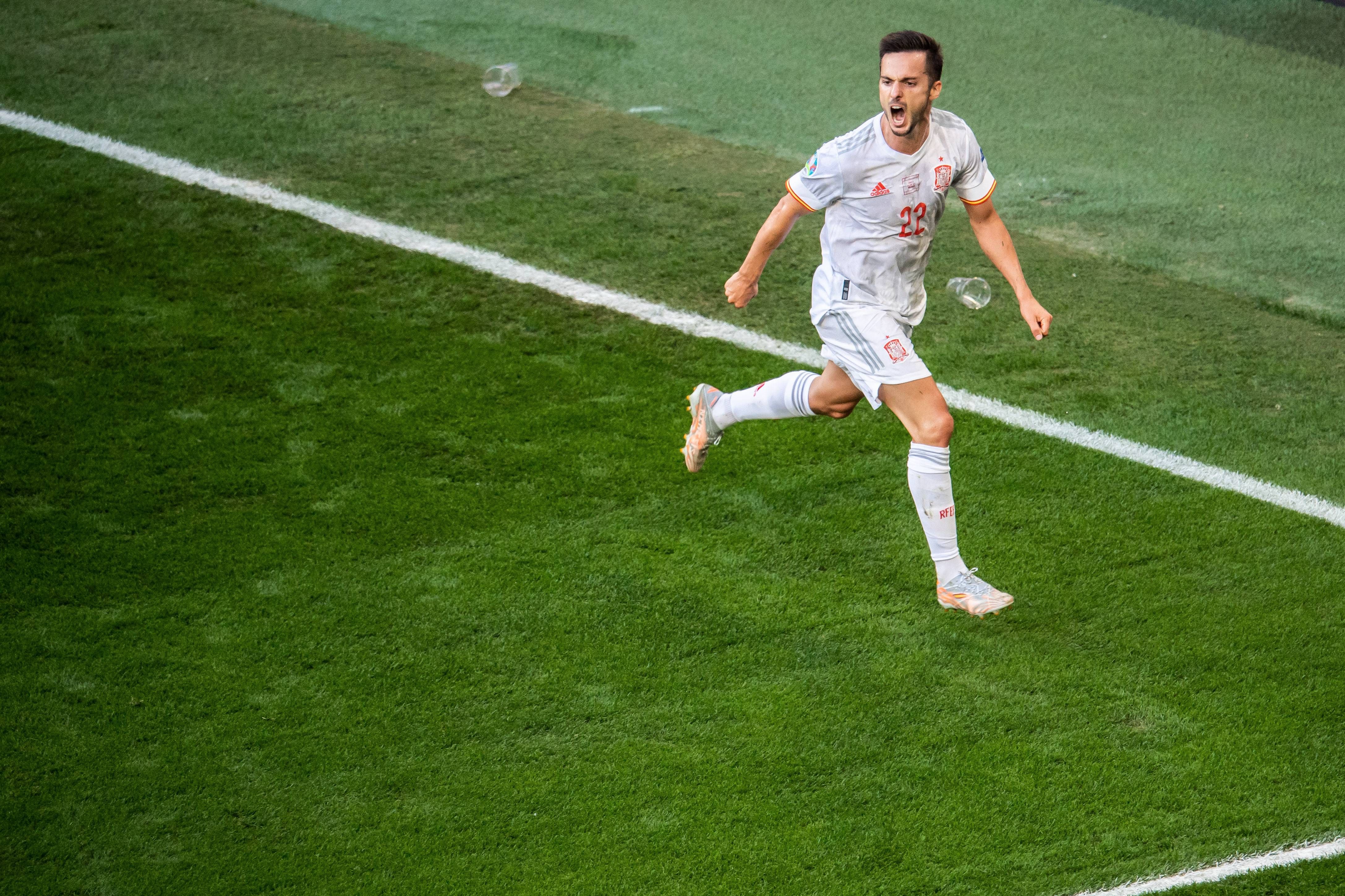 Pablo Sarabia celebra su gol en el España-Croacia.