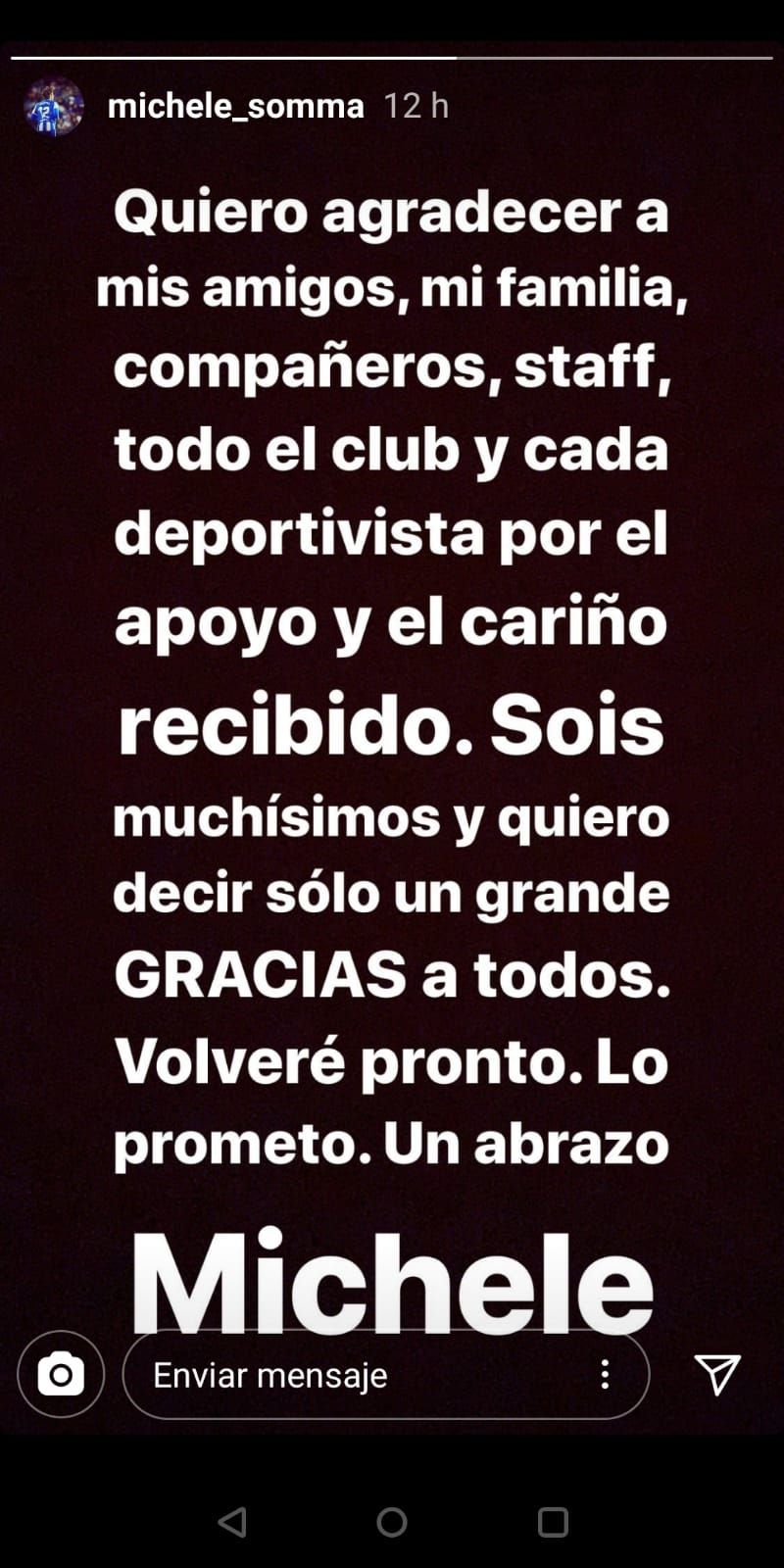  Captura de Instagram Stories de Michele Somma con los agradecimientos para el deportivismo.