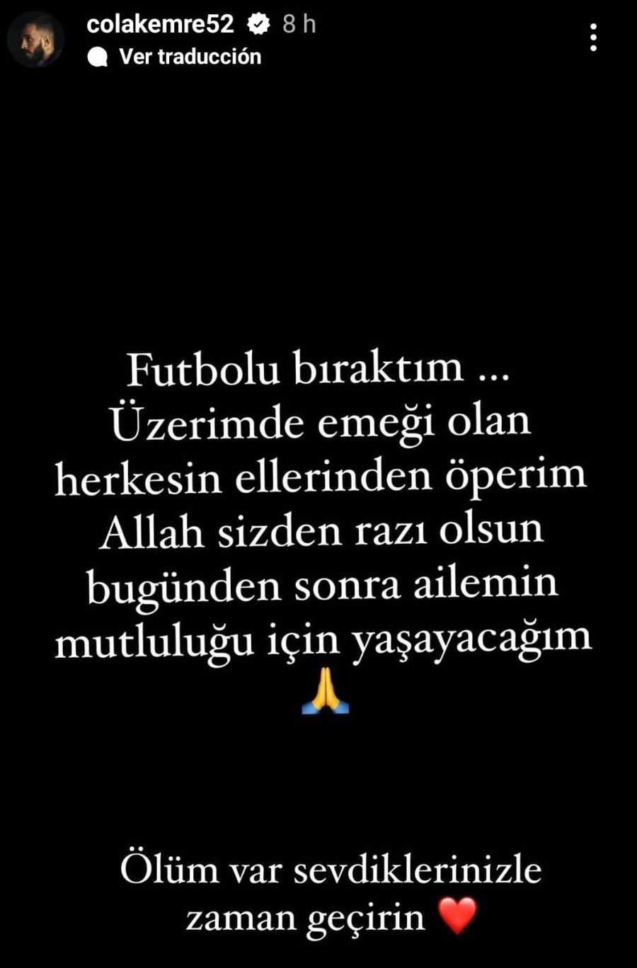  Mensaje de Emre Çolak en su cuenta de Instagram.