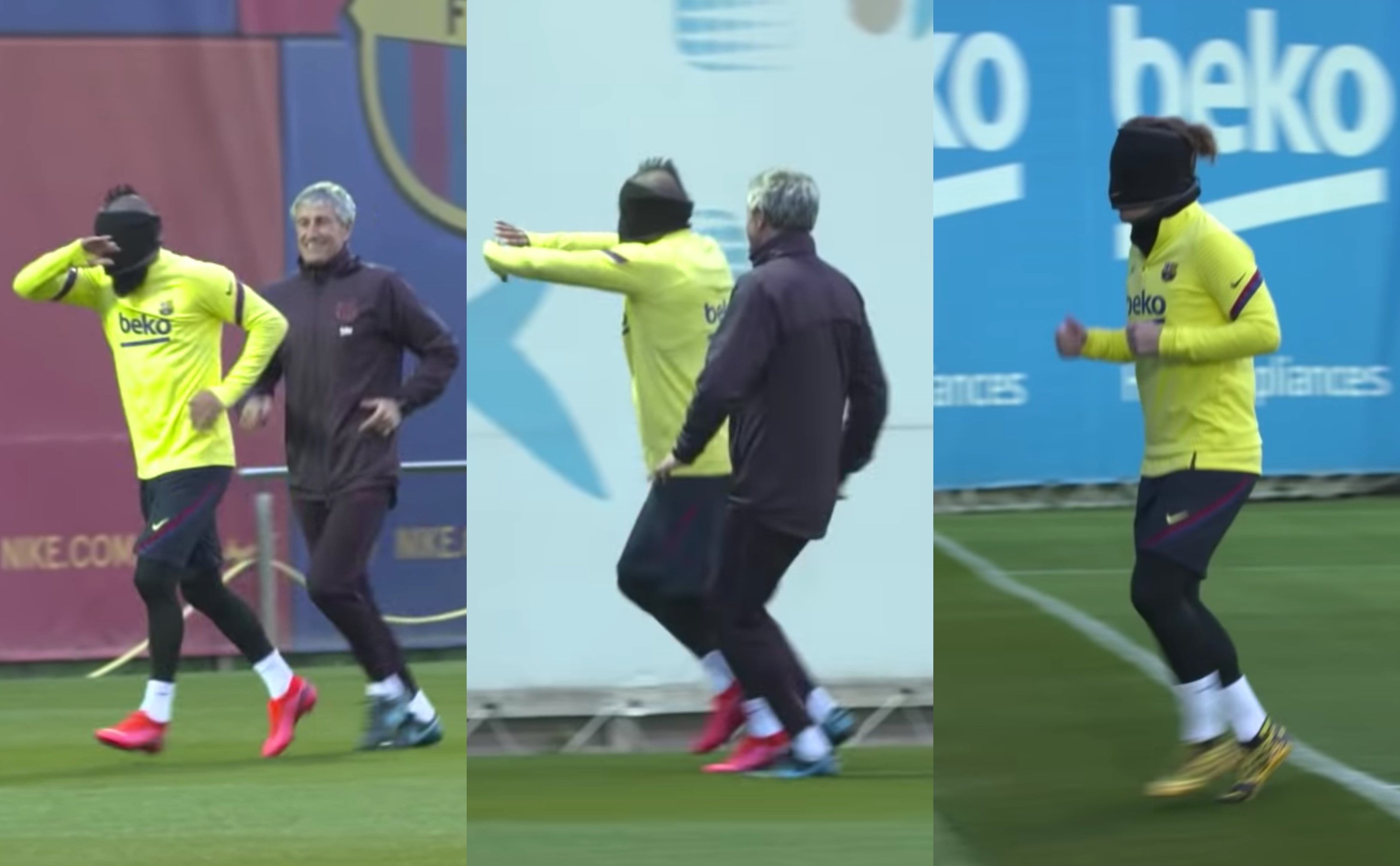  Quique Setién preparó un ejercicio en el que algunos de sus jugadores estaban con la cara tapada.