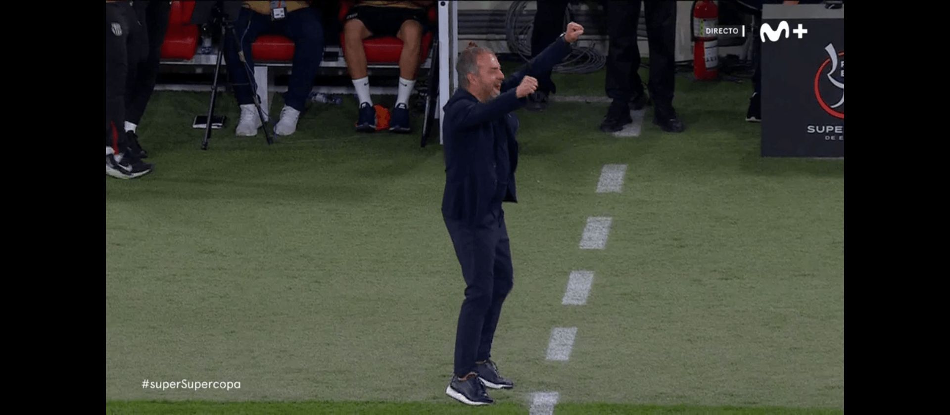 Hansi Flick celebra el gol de Gavi en la Supercopa de España (Movistar+).