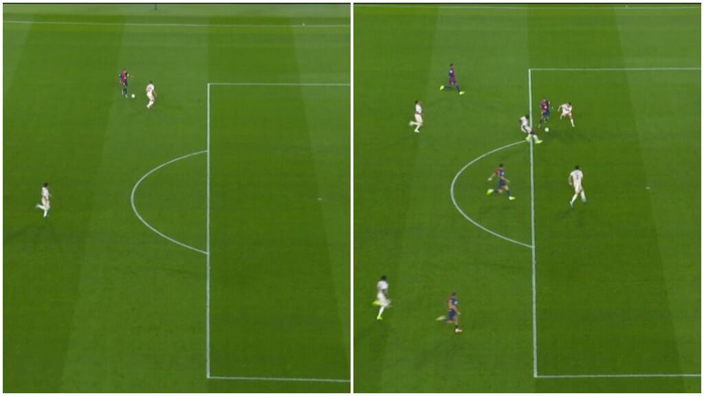  Acción de Raphinha para marcar su segundo gol tras el pase de Marc Casadó (Foto: captura Movistar