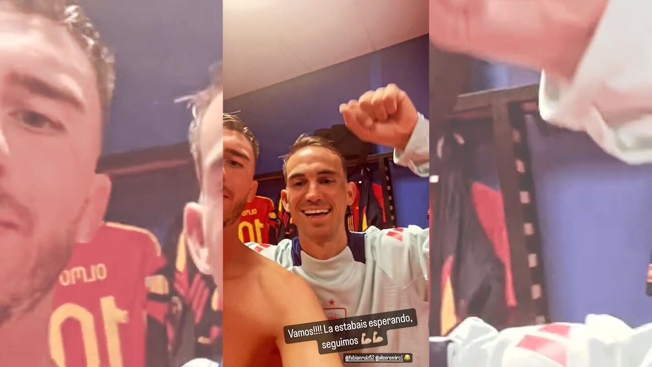 La celebración de Laporte junto a Fabián y Remiro en el vestuario tras la victoria ante Georgia