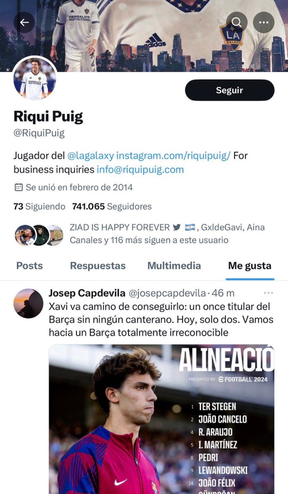 Riqui Puig da "me gusta" a una crítica a Xavi Hernández.