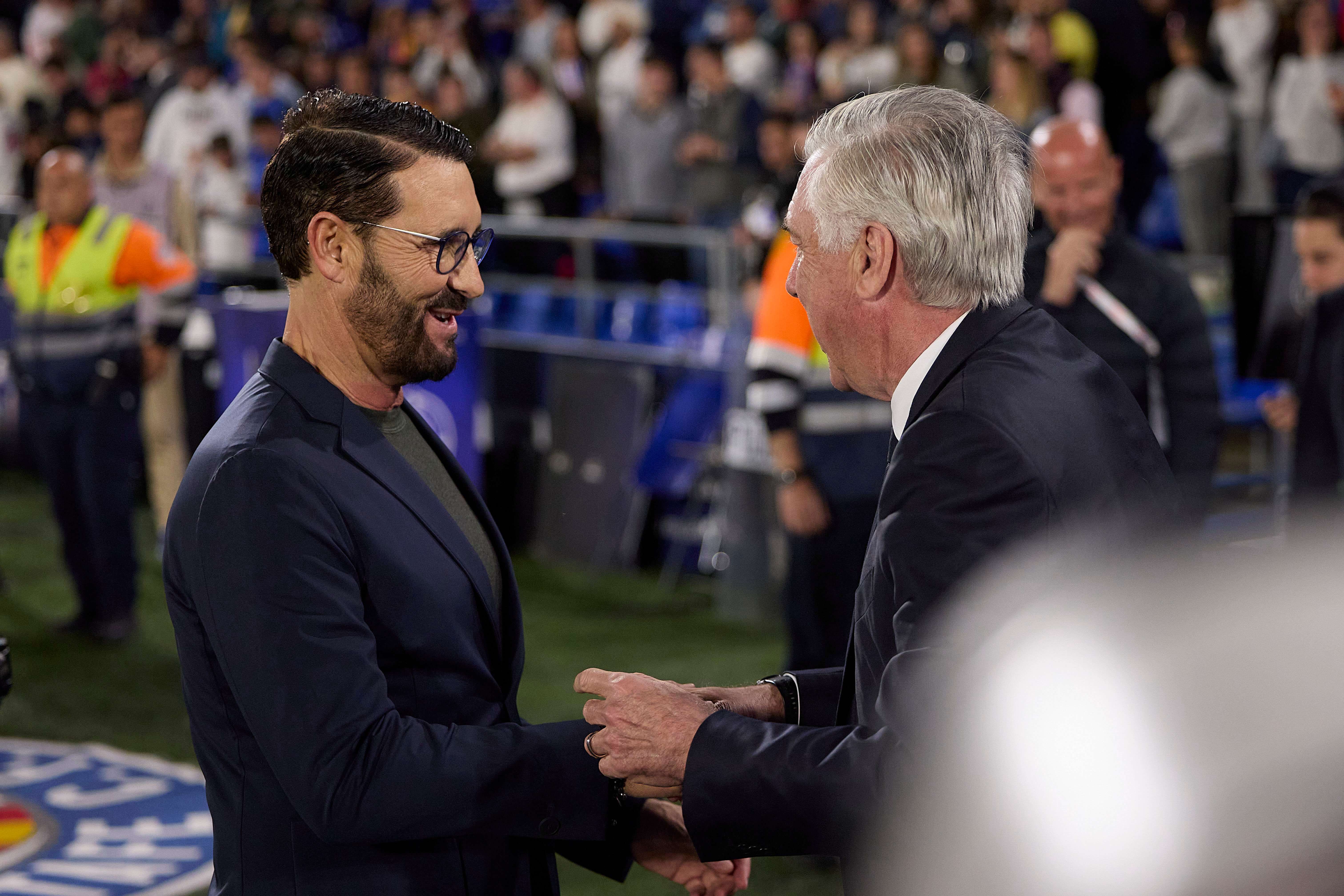  José Bordalás y Carlo Ancelotti se saludan antes del Getafe-Real Madrid.
