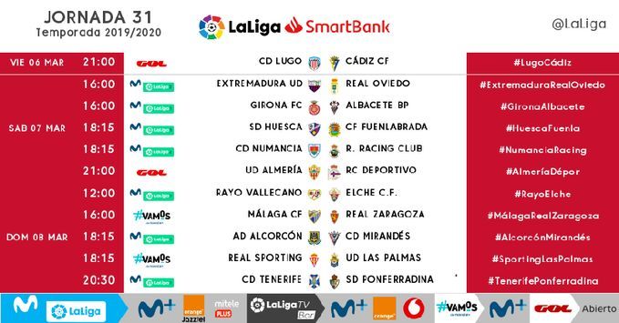 Horarios de la jornada 31 en LaLiga SmartBank.
