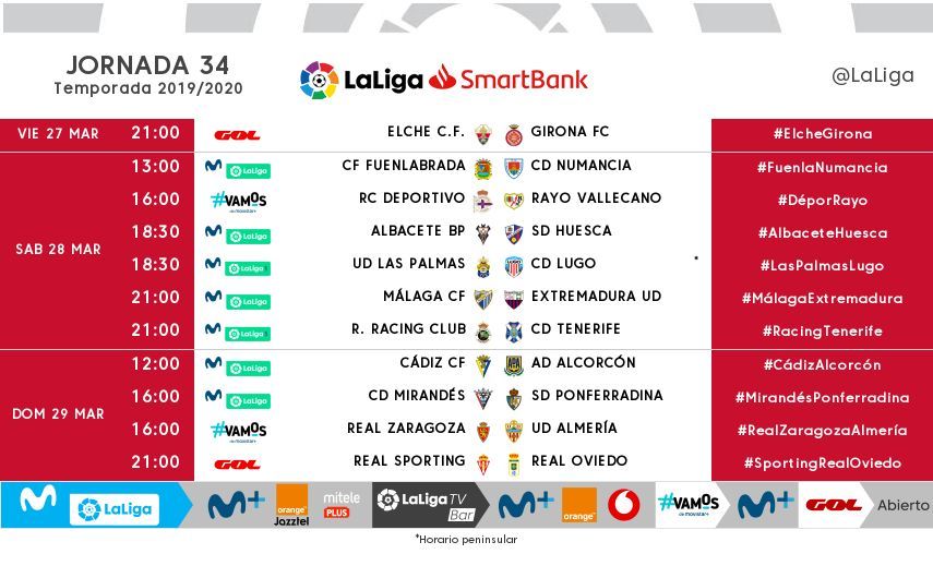 Horarios de la jornada 34 en LaLiga SmartBank.