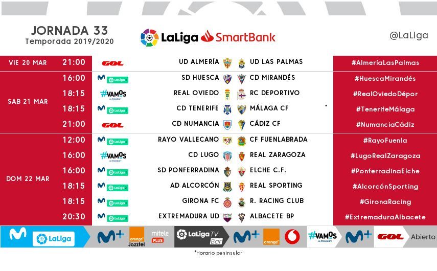  Horarios correspondientes a la jornada 33 de LaLiga SmartBank.
