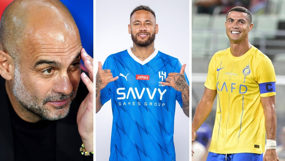 A la izquierda, Pep Guardiola; en el centro, Neymar en Al-Hilal; a la derecha, Cristiano Ronaldo en