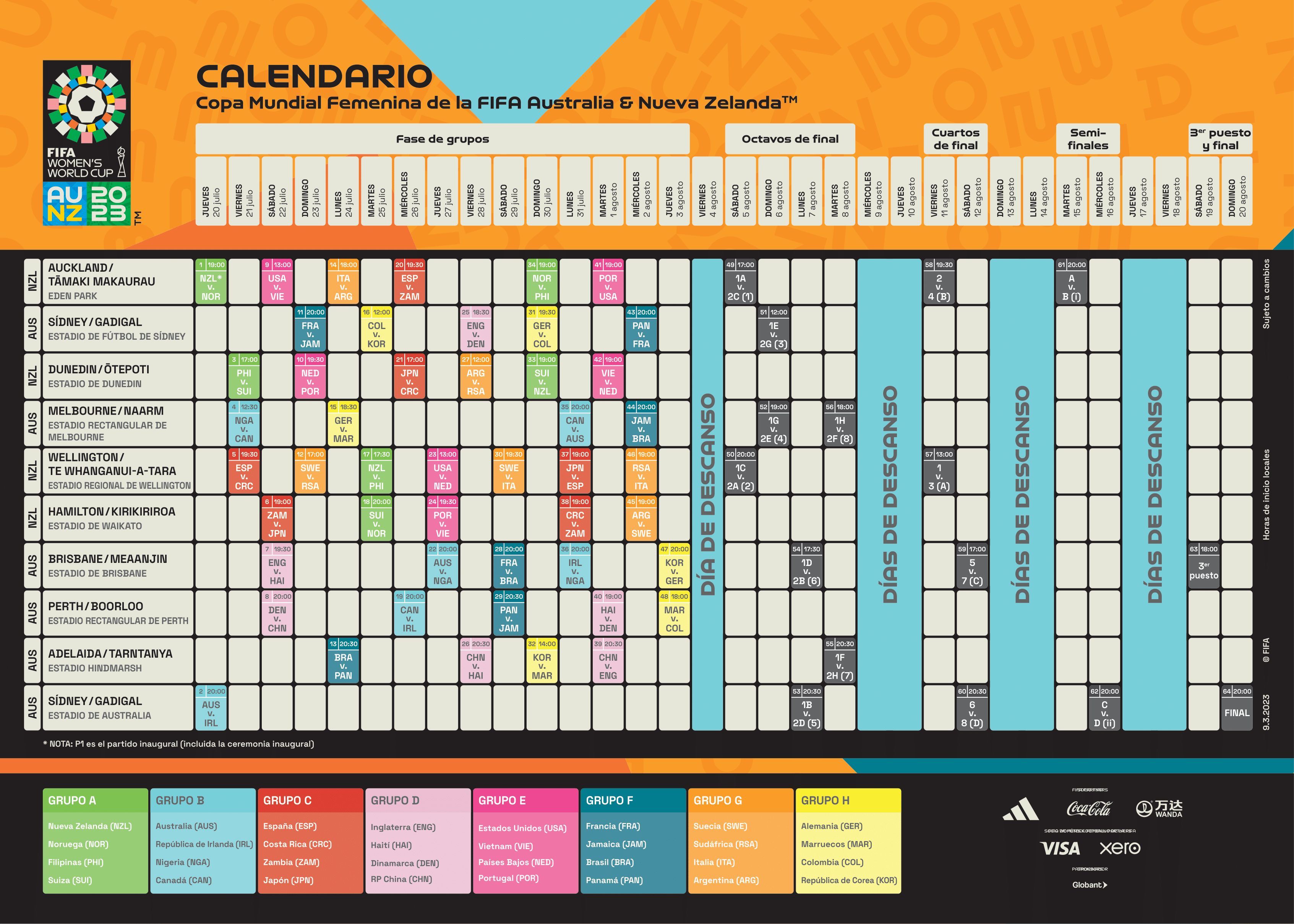  Calendario completo del Mundial Femenino de Fútbol 2023.