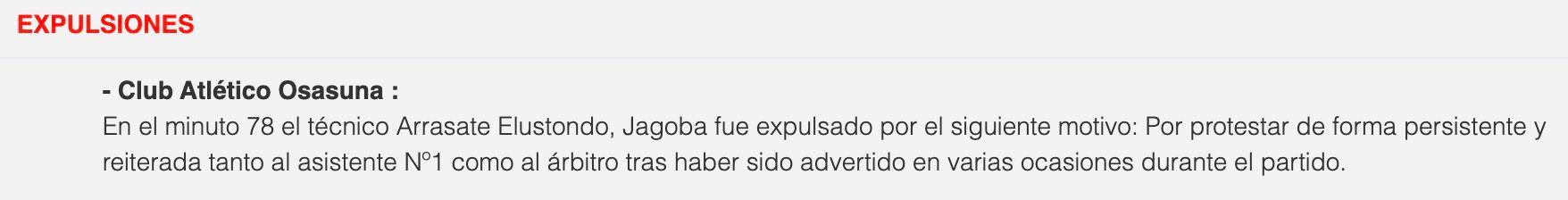 La explicación en el acta de la expulsión de Jagoba Arrasate.