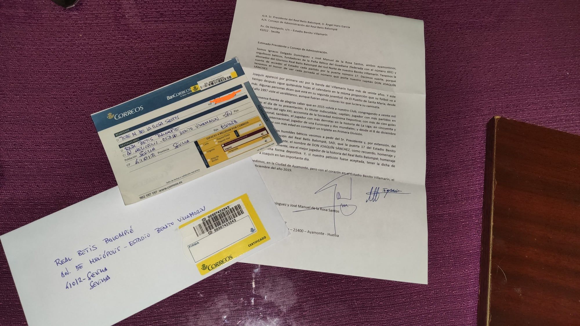 Carta remitida al Betis para pedir una puerta a nombre de Joaquín Sánchez.