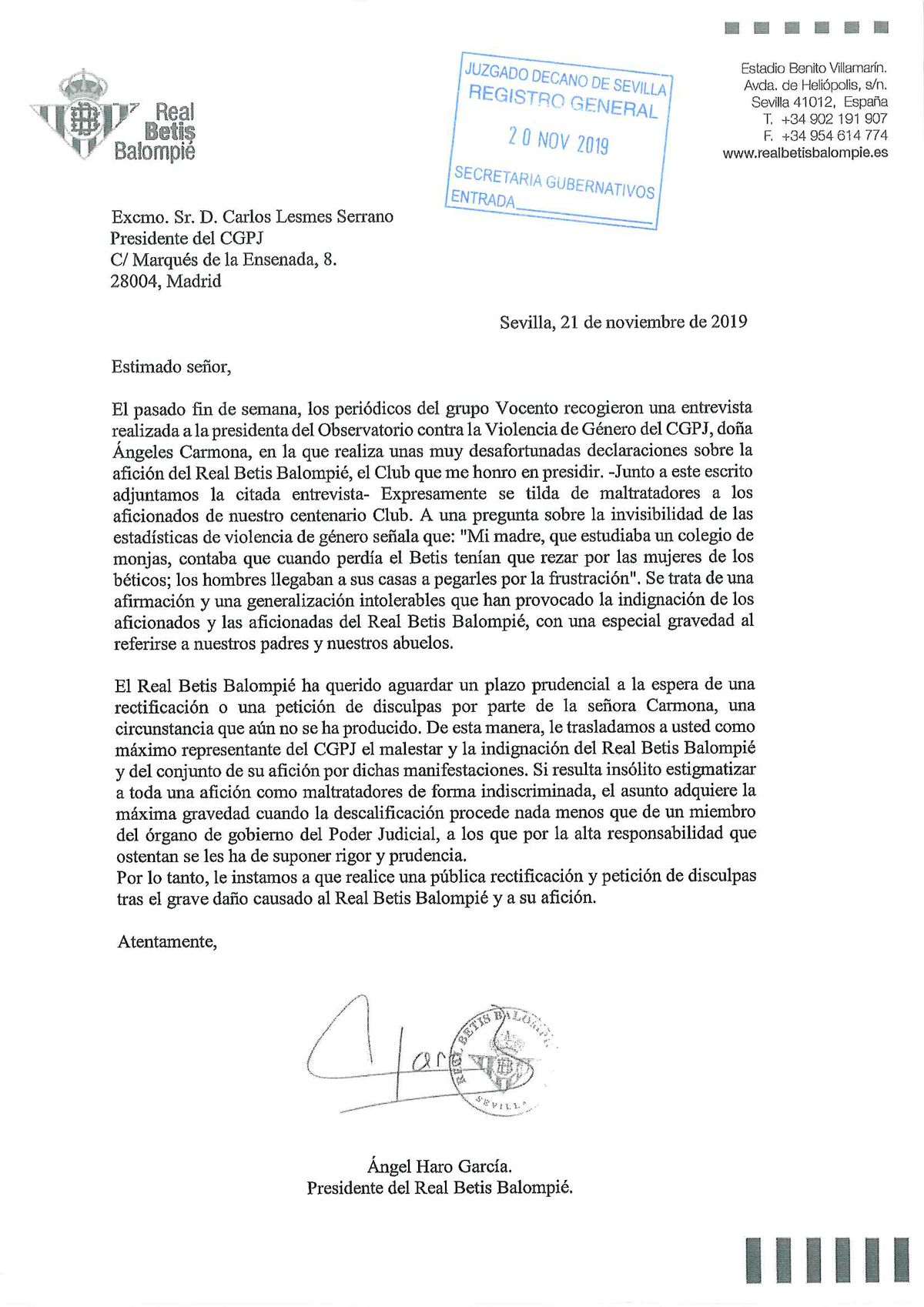  Carta del Betis al CGPJ.