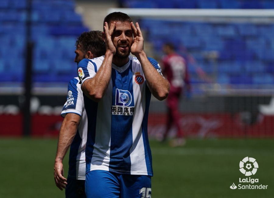  David López celebra el gol del Espanyol ante el Levante.