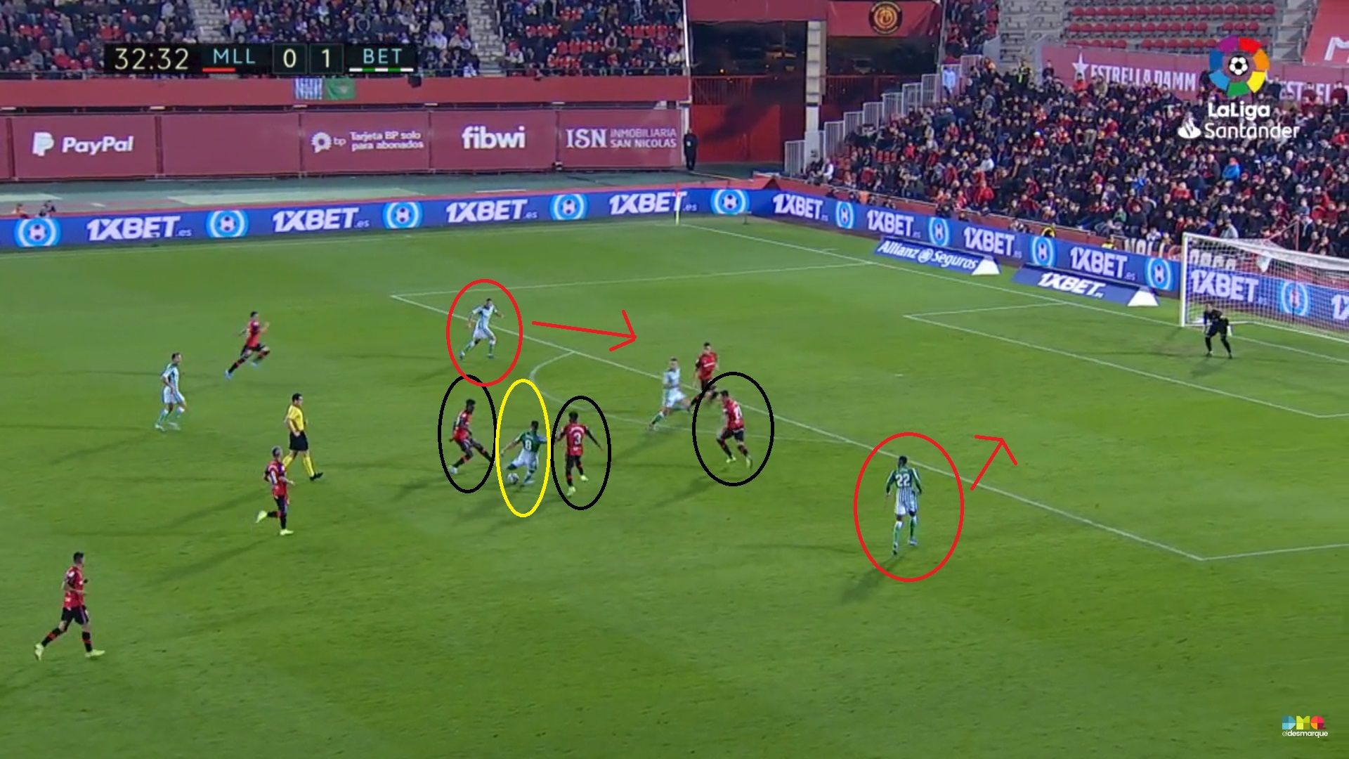 Fekir atrae la atención de tres rivales, mientras que Emerson y Joaquín quedan liberados.