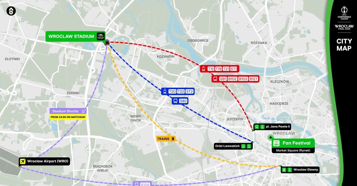 Mapa de Wroclaw con las conexiones necesarias para poder llegar al estadio de la final de la Conference League.