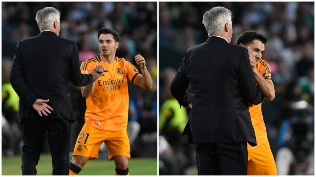  Carlo Ancelotti y Brahim se abrazan en el gol (Kiko Hurtado)