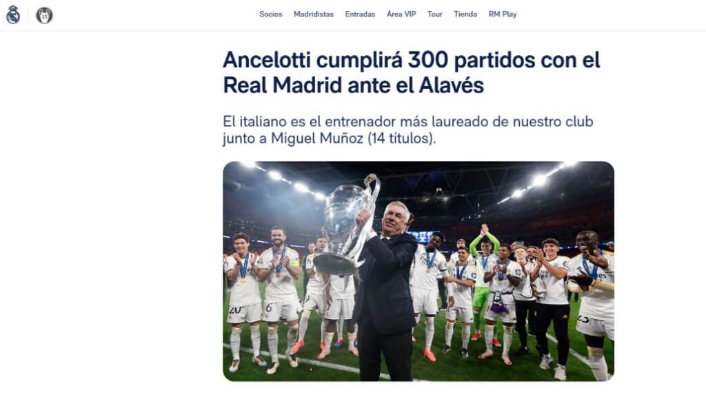  El Real Madrid anuncia los 300 partidos de Carlo Ancelotti (foto: captura web Real Madrid).