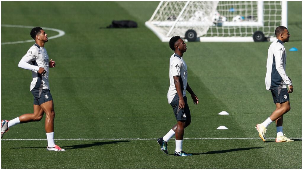  El tridente del Real Madrid: Vinicius, Jude Bellingham y Kylian Mbappé. (Fuente: Europa Press)