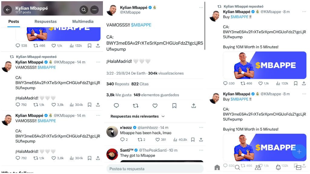  Algunos de los mensajes de Mbappé con su cuenta hackeada (X: @KMbappe)