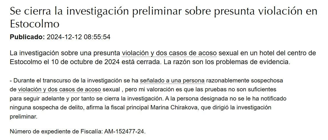  Comunicado de la Fiscalía sueca sobre el caso de Mbappé en Suecia (Captura de aklagare.se)