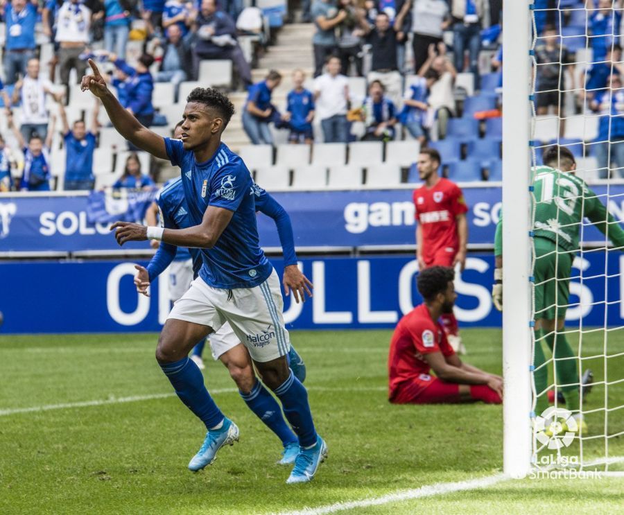  Bárcenas celebra su gol en el Real Oviedo-Numancia.