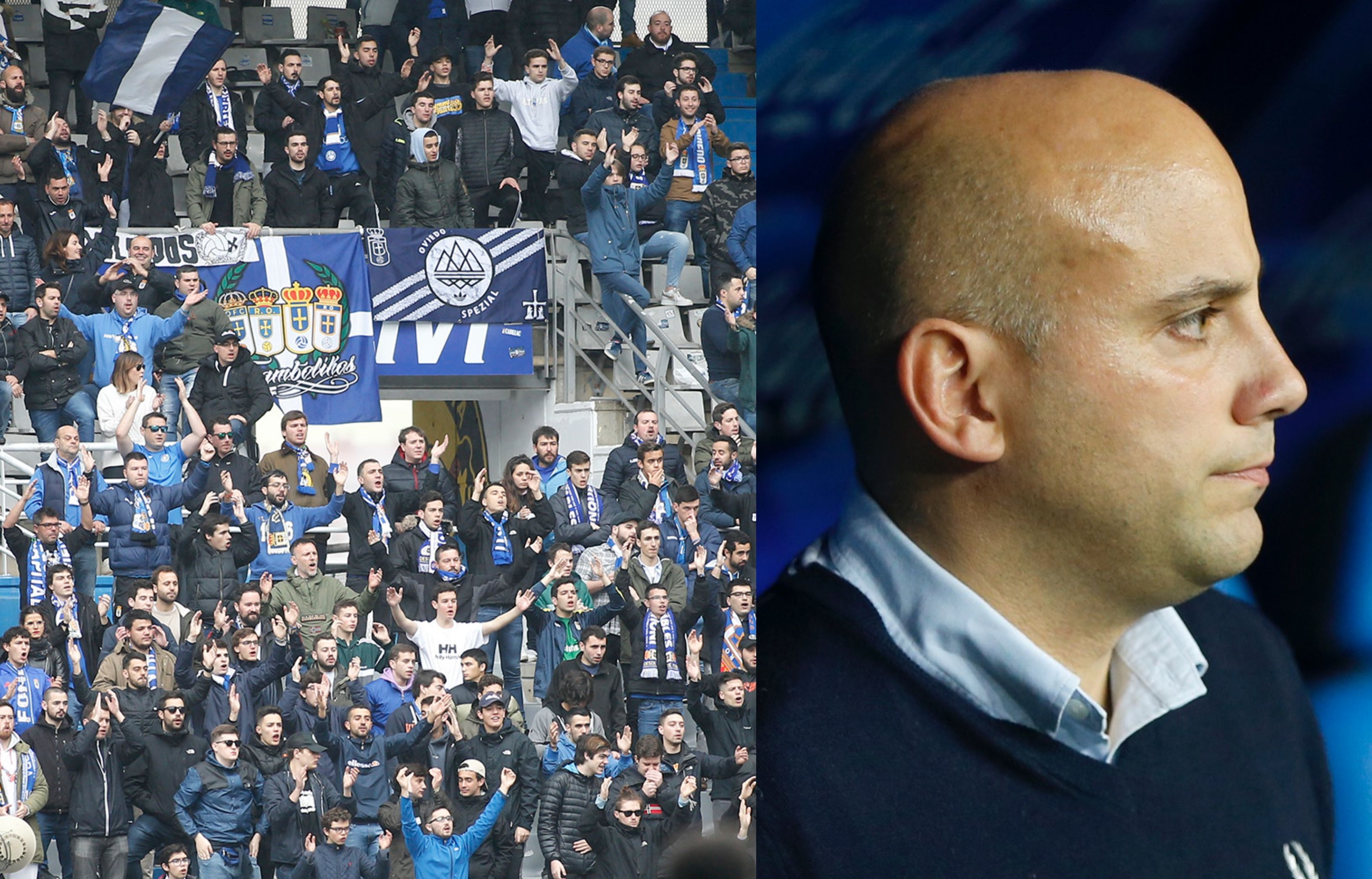  Aficionados del Real Oviedo y Javi Rozada en un partido.