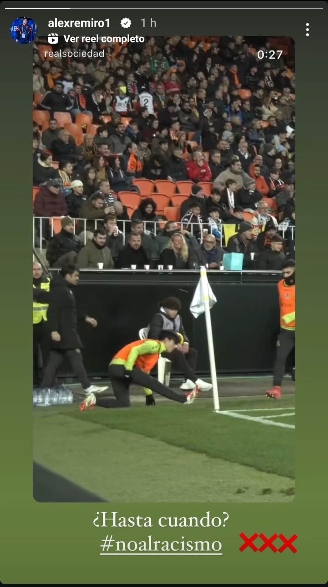 Álex Remiro se pregunta "¿Hasta cuándo?" en sus redes sociales tras lo sucedido en Mestalla.